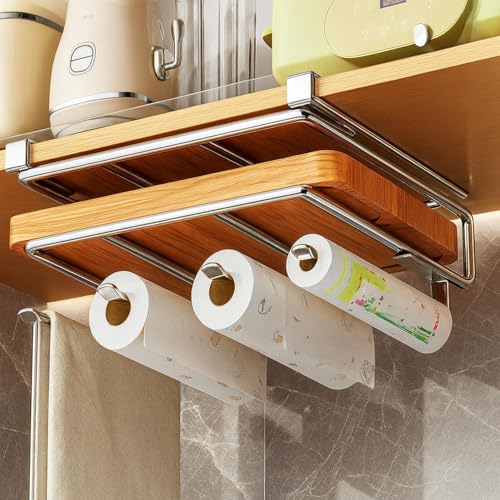 Greenfields Under Cabinet Cutting Board Holder with Roll Holder Stainless Steel Heavy Duty Organizer Rack | Space-Saving No-Drill Chopping Board Storage for Kitchen Cabinets