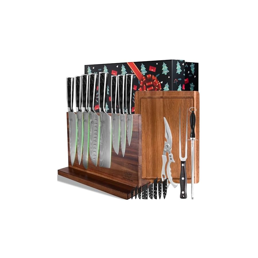 FULLHI-13pcs-gift-box-Knife-Set-with-Magnetic-Knife-Block-HolderCutting-Boardskitchen-Scissorsturkey-forksharpening-rodKitchen-Knife-Set-First-choice-for-gift-giving-Black-Resin FULLHI 13pcs gift box Knife Set with Magnetic Knife Block Holder,Cutting Boards,kitchen Scissors,turkey fork&sharpening rod,Kitchen Knife Set First choice for gift giving (Black Resin)
