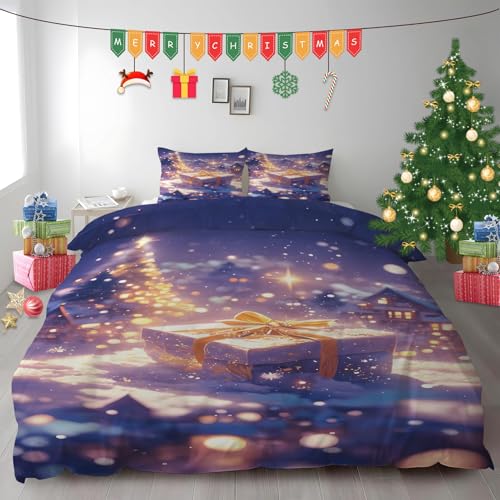 布団カバー キング クリスマスギフトボックス|マイクロファイバー 掛け布団カバー 230x210 +枕カバー 2枚 3点セット|吸汗速乾・防静電気・洗濯耐久|肌ざわり最高 クリスマスツリー なプリントデザイン PH366