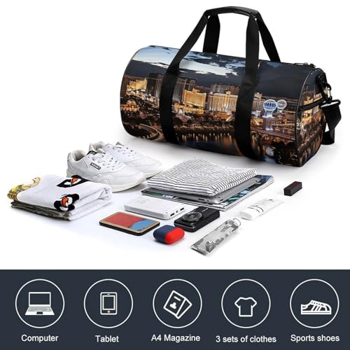 Mens Womens Gym Bag, Las Vegas Night View Print Duffle Bags,travel Gym Duffle Bag,garment Duffle Bag,gym Bag with Shoe Compartment, 17.7in/9in/9in4