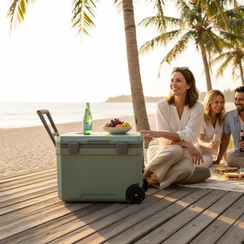 Cooler com Rodinhas Tucca Capim 45L Verde Caixa Térmica Grande Portátil Para Praia Camping Churrasco Bebidas Geladas Vedação Borracha Resistente Design Moderno
