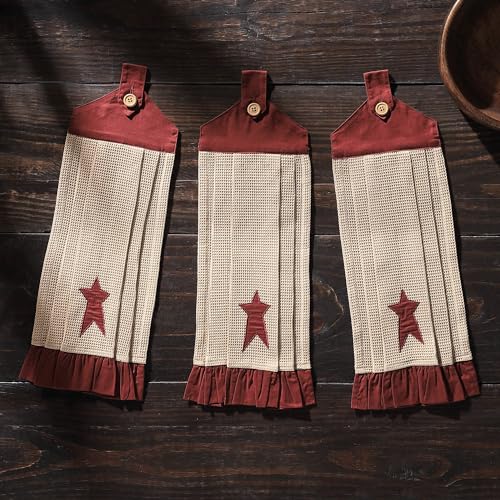 VHC-Brands-Cotton-Connell-Button-Loop-Kitchen-Towel-Set-of-3-Hanging-Kitchen-Towel-Appliqued-Bath-Kitchen-Connell-Collection-Rectangle-21x7-Star-Burgundy VHC Brands Cotton Connell Button Loop Kitchen Towel Set of 3 Hanging Kitchen Towel Appliqued Bath Kitchen Connell Collection Rectangle 21×7 Star Burgundy