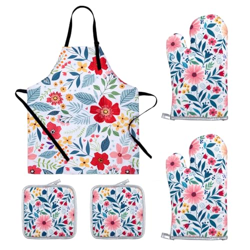 Product Image of the Floral Apron and Oven Mitt Set 5 Piece,Pioneer Woman Style Kitchen Aprons with Pockets, Heat Resistant Oven Gloves and Pot Holders Trivets, Vintage Farmhouse Decor Cooking Baking Gifts.