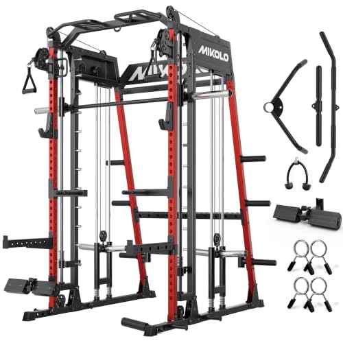 Image of Mikolo M4 2.0 Smith Machine, 2200lbs Squat Rack with LAT-Pull Down System & Cable Crossover Machine, Training Equipment with Leg Hold-Down Attachment