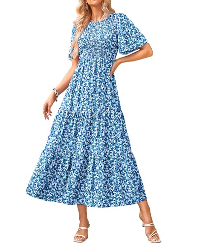 Image of KIRUNDO Summer Dresses for Women 2026 Spring Casual Flutter Short Sleeve Wedding Guest Smocked Flowy Tiered Aline Midi Dress