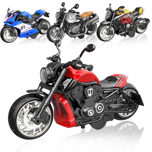 Voccim 4 PCS Toy Motorcycle, 1:12 Scale Pull Back Toy with Sounds and Lights, Alloy Diecast Motorcycle Model Gift for Boys Girls Age 3 Above Years Old Birthday Christmas
