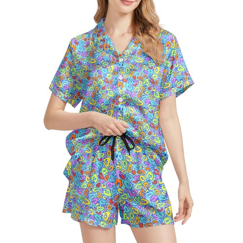 Image of Funny Pajamas for Women Set Print Satin Loungewear Pjs Short Sleeve Button Down Top and Shorts Sets Sleepwear XS-3XL