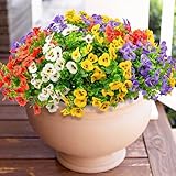 16 Bundles Artificial Fake Pansy Flowers for Outdoor - Yellow, White，Sunset red & Purple Faux Pansies Flowers, Fake Flowers for Outdoor Planters, Porch, Garden, Window Boxes, and Home Decoration