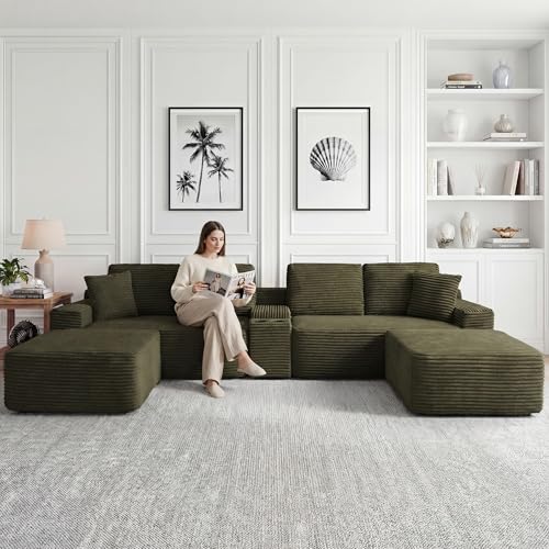 Image of 125 Inch Modular Sectional Sofa, Modern Oversized Corduroy Cloud Couch with 2 Ottomans, Cup Holders and USB Ports, U Shape Couch Boneless Couches for Living Room, No Assembly Required, Green