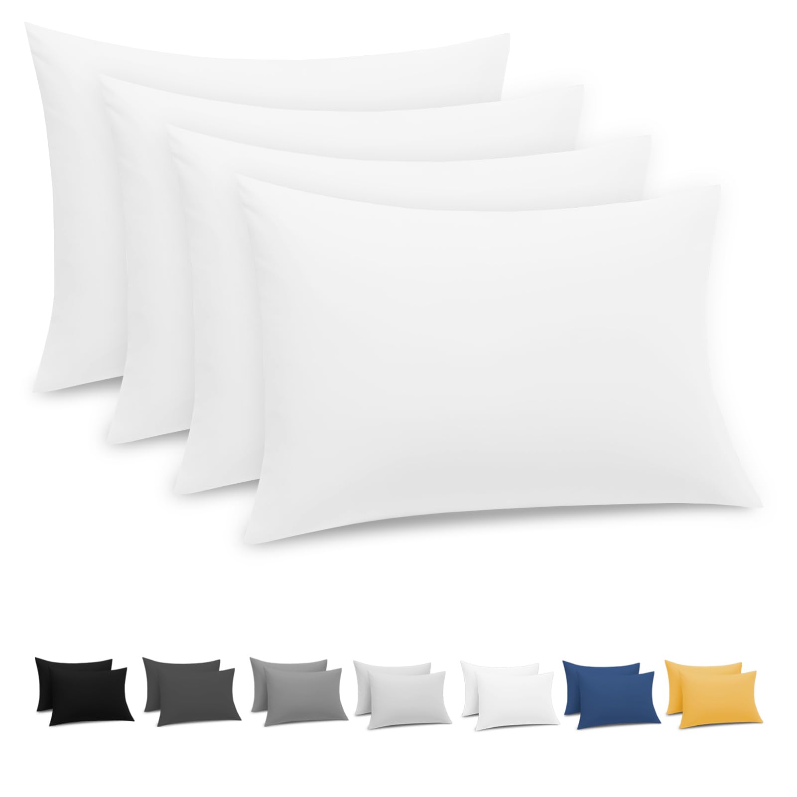 Grace Pillow Cases 4 Pack - Brushed Microfiber Pillowcases - Ultrasoft Hypoallergenic Pillowcases 4 Pack With Envelope Closure - Non Iron Breathable White Pillow Covers (50 x 75 cm)