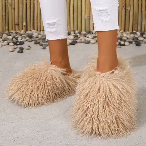 Image of Unisex Fuzzy Faux Fur Slippers, Women's Fluffy Long Hair Sheep Faux Fur Slip on Slides, Girls Luxury Big Fluffy Outdoor Flat Slippers, Long Curly Hair Non-Slip Warm Home Slide Shoes
