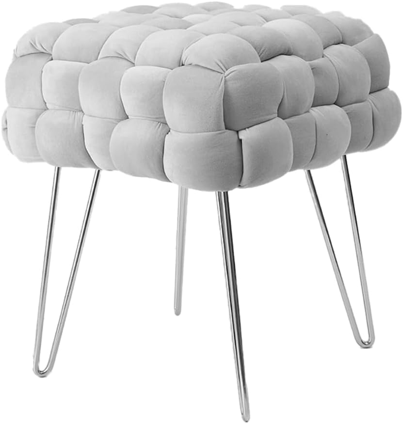 Taburete de cosmética Moderno de Terciopelo, Otomano Cuadrado con Patas de Metal Plateado, Asiento Acolchado de Tejido Terciopelo (Gris Claro, 38P x 38An x 41.5Al cm)