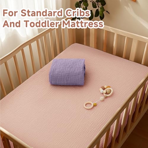 Image of Pro Goleem 2 Pack Muslin Crib Sheets for Girls, Soft Breathable Fitted Cotton Baby Bed Sheets Set for Standard Crib Mattress & Toddler Mattress 52 inchx28 inch, (Pink&Purple)