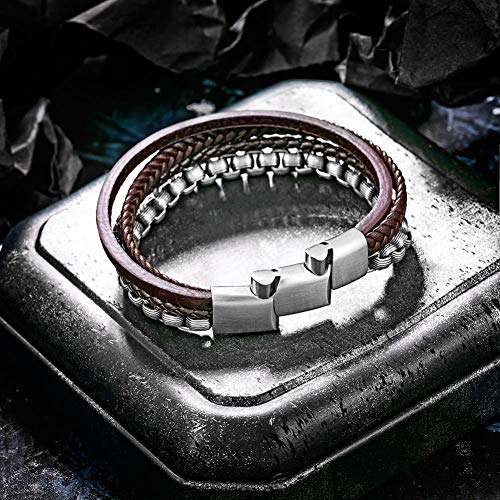 Image of Men's Leather and Steel Chain Bracelet with Clasp