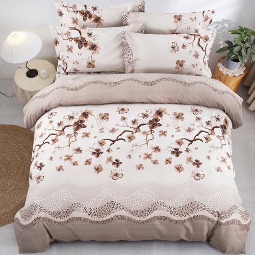 Stylishbed Duvet Cover Double Reversible Khaki Floral Bedding Quilt Cover Soft Microfiber Bedding Set with 2 Pillow Cases (3 Pieces, 200x200cm)