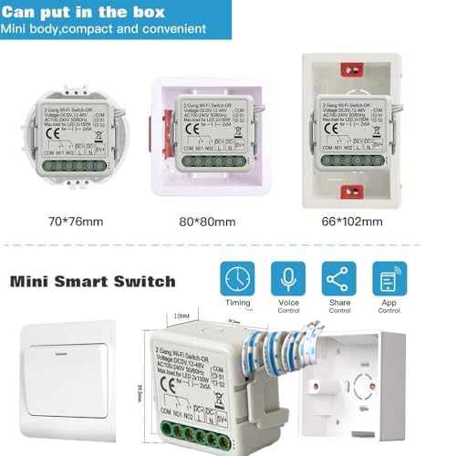 Yueyang Mini interruttore WiFi intelligente a 2 canali, modulo relè, DC 5 V/12-48 V, AC 100-240 V, compatibile con Alexa e Google Home, Tuya App (4)