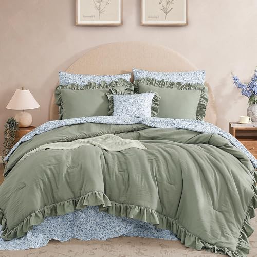 Queen Comforter Set – 7 Pieces Ruffle Sage Green Bedding Sets, Shabby Chic Farmhouse Bed in a Bag Queen with Ruffle Comforter, Floral Sheets, Pillowcases & Shams