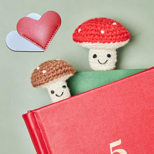 CharySim Crochet Mushroom Bookmark Set 2PC Cute Handmade Mushroom Bookmarks for Women 3D Aesthetic Funny Bookmark Gift for Book Lovers Teacher Appreciation Gift