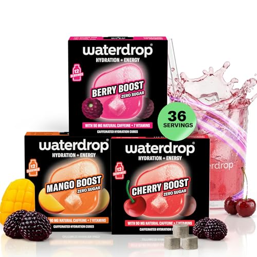 waterdrop Microenergy Set Energy Drink 36 Water Flavouring Hydration Cubes Blackberry Mango and Cherry Flavour Sugar Free Low Calorie Fizzy Drinks 90 mg Natural Caffeine Vitamin C and B