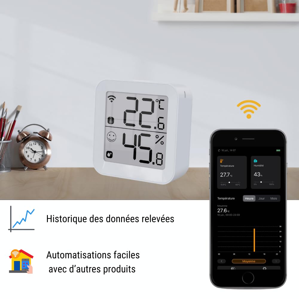 Konyks Termo 2, Thermomètre Hygromètre connecté Wi-Fi, Grand écran, Lecture à distance, déclenche d'autres appareils Konyks en fonction des mesures, Compatible Alexa et Google Home