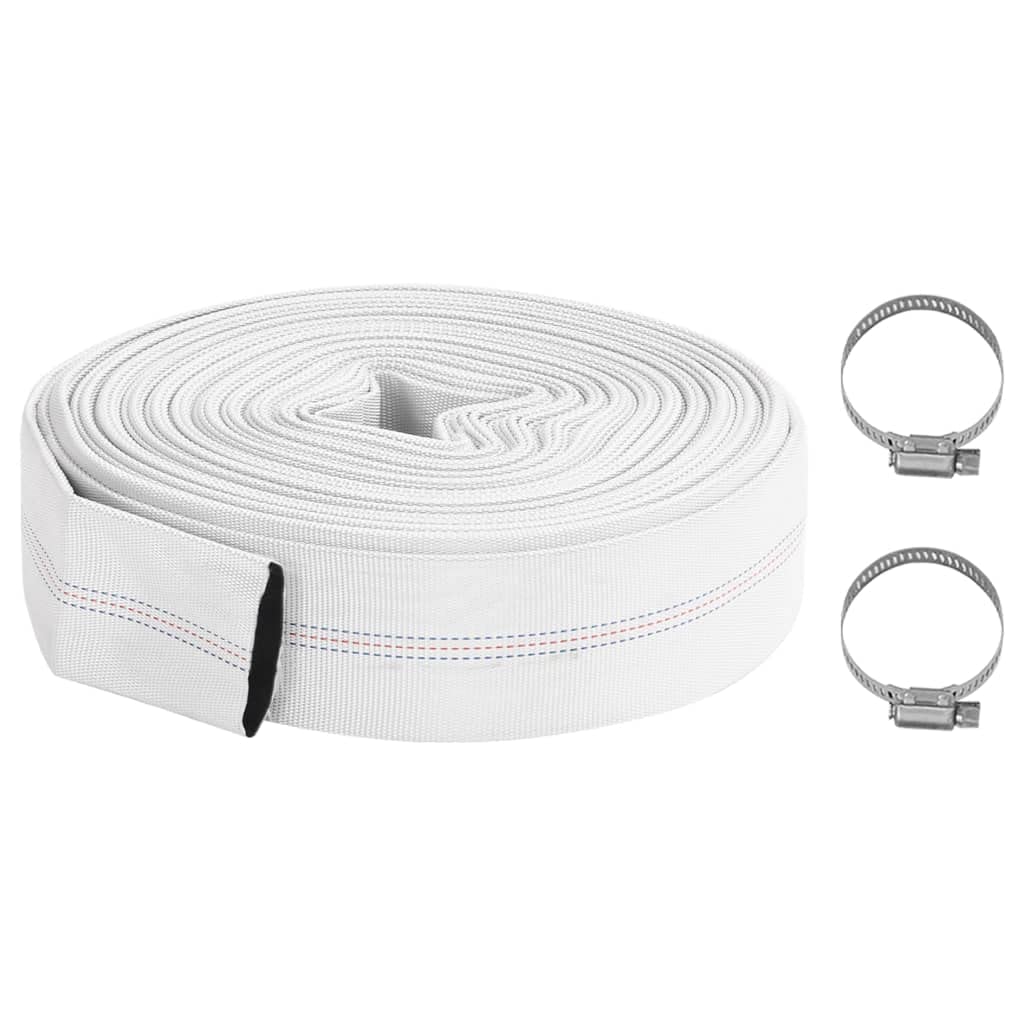 Manguera plana de 20 m, 2 pulgadas, PVC flexible con capas en espiral y refuerzo de poliéster para transporte acuático, resistente a la presión hasta 8 bar, incluye abrazaderas para manguera