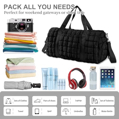 Image of Quilted Travel Duffle Bag Gym Bag for Women,Large Puffer Duffle Weekender Bag with Compartment,Workout Overnight Carry on Organizer Bag Duffle Bag for Airplane Travel(Black)