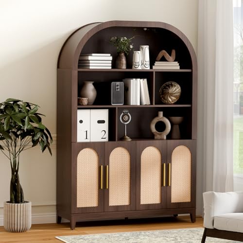 Image of 71 inch Tall Wide Arched Storage Cabinet, 5-Tier Rattan-Door Bookcase with Divider Shelf & Gold Pull Handles, Wood Versatile Pantry Organizer for Living Room /Kitchen /Office, Walnut