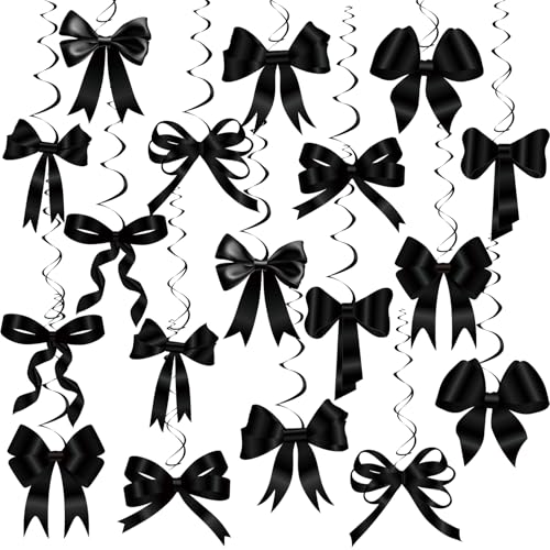 Image of Clabby Black Bow Birthday Decorations Black Coquette Hanging Swirls Garland Banner Bow Party Decorations Ribbon Paper Cutouts for Girls Baby Shower Bridal Shower Wedding Bachelorette Party Supplies