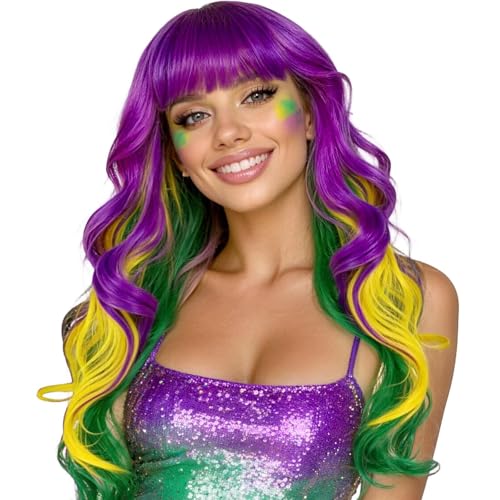 rookea Mardi Gras Long Wavy Wigs for Women Colored Funny Curly Wig Purple Yellow Green Mix Hair with Hair Cap for Mardi Gras Carnival Parades Fancy Dress Music Festival Cosplay Party Costume