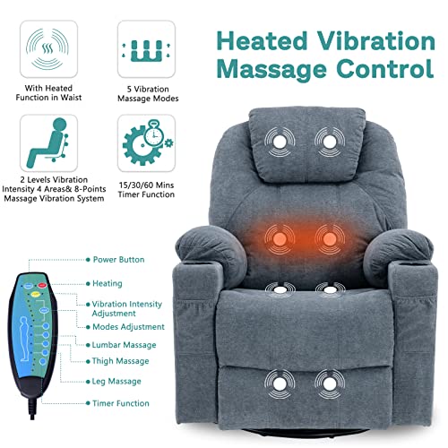 Meetwarm Swivel Rocker Massage Recliner Chair With Heat Ergonomic, Manual Glider Rocking Recliner Chair, 360° Swivel Lounge Reclining Chair With Cup Holder/Pockets/Remote Control/Usb Ports (Gray-Blue) #TOP3