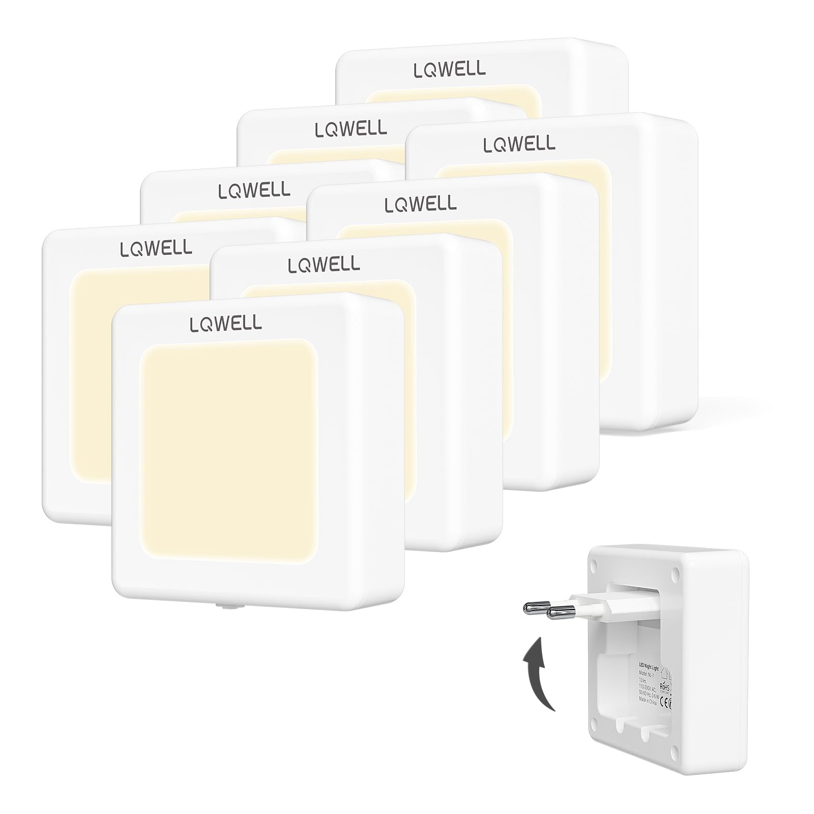 LQWELL® Nachtlicht Steckdose Faltbar mit Dämmerungssensor, Nachtlampe Einstellbare Helligkeit, Automatisch Steckdosenlicht, Orientierungslicht Warmweiß für Kinder Zimmer Gang Treppen (Weiß, 8 STK)