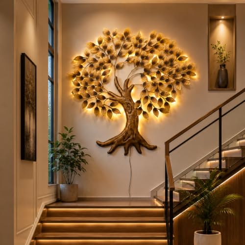Image of Bharat Art Metal Big Tree Wall Art with LED Light Handcrafted Iron Wall Hanging for Living Room Bedroom Hall Office Entrance | Zora Tree B Golden 45 x 2 x 45 Inch | WD111 (B)
