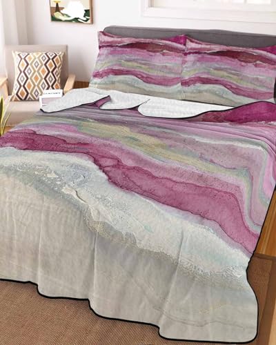 LOT BASIC 3-Piece Summer Quilt Full Size, Pink Coastal Lightweight Cooling Bedding Comforter Blanket with 2 Pillow Shams, Summer Beach Nautical Abstract Art Bedspreads Quilted Coverlet Sets 78