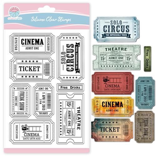 GLOBLELAND Sello transparente de boleto vintage para scrapbooking cine, sello de silicona, sello transparente para hacer tarjetas, sello de repujado DIY diario