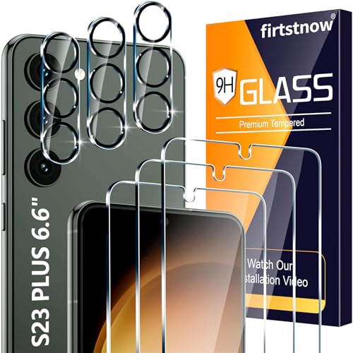 firtstnow 3 Pack Glass Screen Protector for Samsung Galaxy S23 Plus [6.6 inch] + 3 Pack Camera Lens Protector, 9H Tempered Glass, Fingerprint Unlock, HD Clear Case Friendly Anti-Scratch