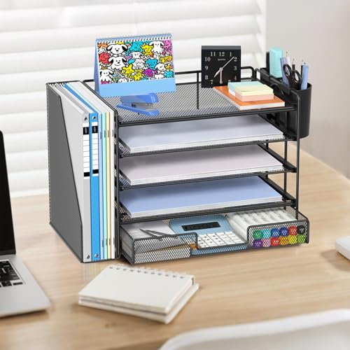 Desk Organizer with File Holder, Organisateur et Accessoire de Bureau, 5-tier Paper Letter Tray with Drawer and Pen Holder, Mesh Desktop Office Supplies for School, Home, Office (B image 1