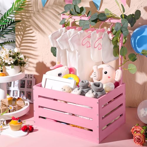 Image of Barydat Wooden Baby Shower Crate Closet Basket with Handle Baby Announcement Sign Garland Hangers Large Letter, Wooden Gift Crate, Letters for Pregnancy New Parent Party(Pink)