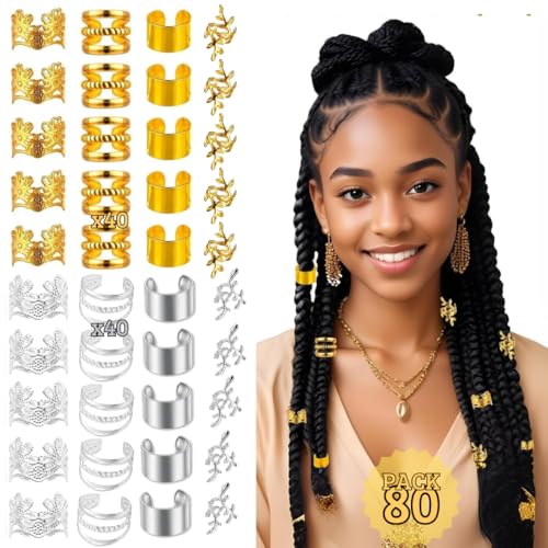 Conjunto de 80 acessórios para o cabelo, 40 prata e 40 dourado, acessórios para o cabelo trançado, rastas, cabelo comprido e penteados, acessórios tranças cabelo – ornamentos para o cabelo de meninas