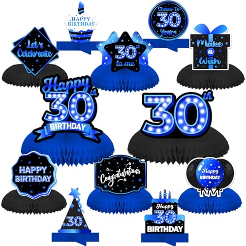 Happy 30th Birthday Blue and Black Table Honeycomb Centerpieces Balloons Theme Decor Table Decorations Table Toppers for Girls Women Princess 30 Years Old Birthday Party Bday Supplies Background