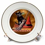 3dRose cp_6190_1 Vintage Halloween Black Cat Porcelain Plate, 8-Inch