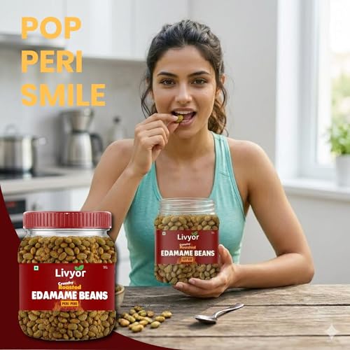 Image of Livyor Crunch Roasted Edamame Beans 500g | Peri Peri Flavour | Roasted not fried | Plant based healthy snack | High Protein Snack | Gluten Free | Vegan | High In fibre