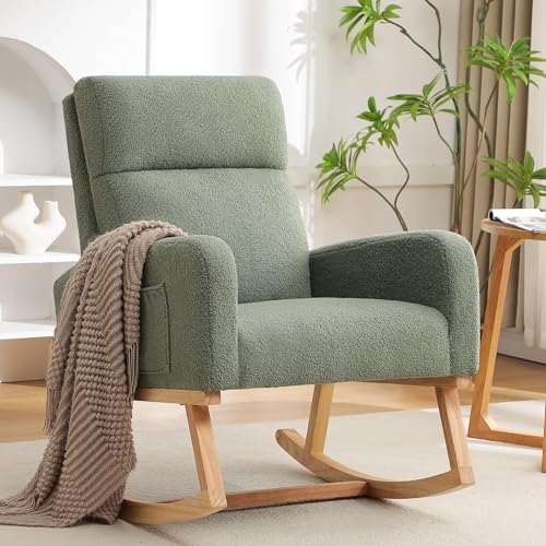 Image of HCHAIRH Rocking Chair Nursery, Boucle Teddy Nursing Rocking Chairs, Upholstered Nursery Glider Rocker for Mom Nursery Morden Accent Rocking Chair with Side Pocket for Living Room,Bedroom, Green