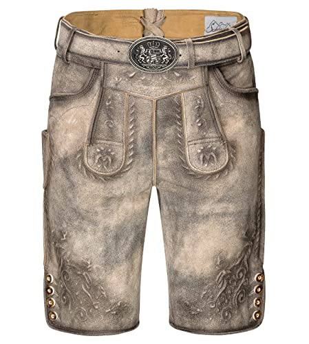 Schöneberger Trachten Lederhose Herren kurz | Original Wildbockleder Trachtenlederhose Antik/EIS-Grau inkl. Trachtengürtel | Vintage Trachtenhose Karl (46)