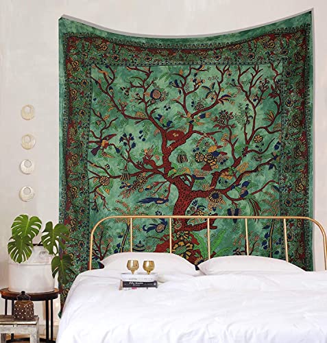 Popular Handicrafts Tapisserie Twin Tree of Life Hippie Tie Dye Psychedelic Wall Hanging - Indian Maditation Gypsy Bohemian Hippy Dorm Room Decor Green 53 x 78 Inch