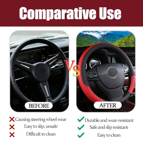FALVFUN Car Steering Wheel Cover, 15 Inch Elastic Stretch Leather Vehicle Steer Wheel Cover Protector, Anti-Slip Breathable Automotive Interior Protection Accessories, Universal Fit (Black/Red) - Thumbnail 6