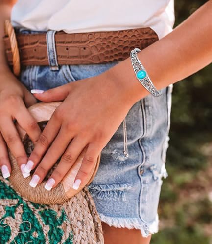 Genuine Turquoise Vintage Lotus Flower Bracelet, Sterling Silver Boho Adjustable Cuff Bangle Native American Jewelry for Women, Fit for 6.5 7 7.5 Inches4