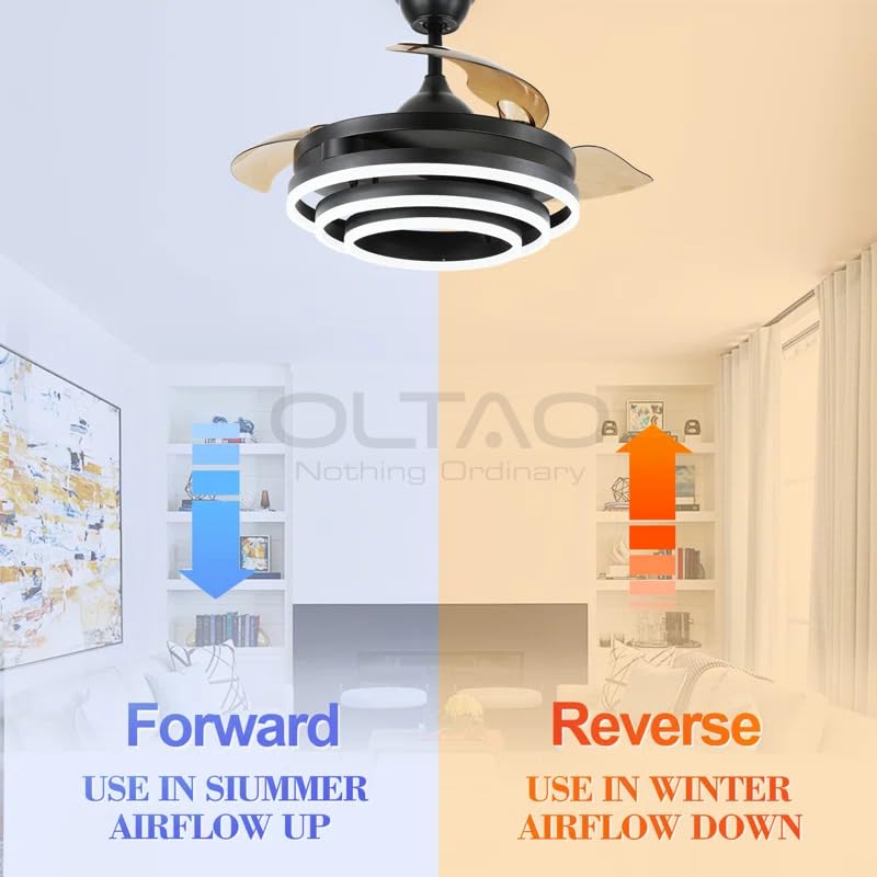Image of OLTAO Enigma Modern 42-Inch Dimmable Chandelier Fan - Black | with Copper BLDC Motor & Retractable Blades | Summer-Winter Mode LED Light Fan with Remote & App Control - for Living Room