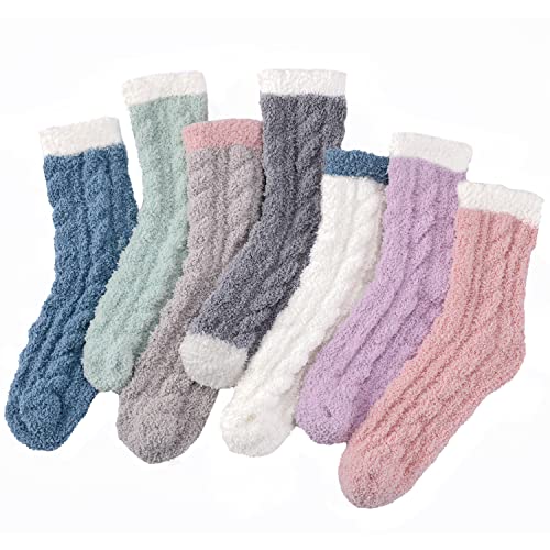 7 Pairs Fuzzy Socks - Fuzzy Socks for Women, Women's Winter Super Soft Warm Cozy Sock, Fluffy Sock Fits Most Size, Fleece-lined Slipper Sock, Candy Color