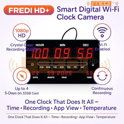 Image of FREDI HD PLUS WiFi Digital Clock Camera 1080P Full HD | 32GB Inbuilt Storage | Live View on Mobile & PC | Motion Detection | Loop Recording | Smart LED Display Clock for Home & Office Monitoring