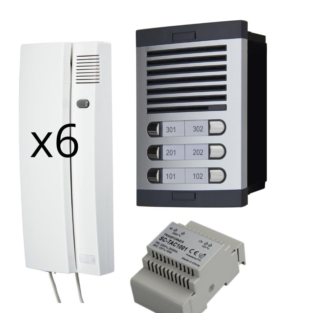 Kit citofono 6 appartamenti audio analogico 4+n – Citofono condominiale per 6 unità abitative, – Posto esterno, citofoni interni, alimentatore e scatola da incasso inclusi – professionale